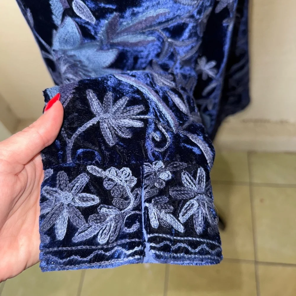 Soft Surroundings Navy Blue Velvet Embroidered Trench Coat - Picture 11 of 16